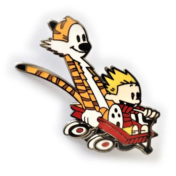 Calvin and Hobbes Cartoon WAGON FRIENDS Enamel Lapel Pin - Picture 1 of 2